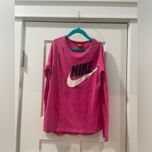 Nike Pink Long Sleeve Shirt glitter black logo Girls Medium *2 small expo spots
